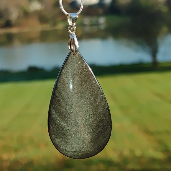 Large Black Obsidion Gemstone Pendant (2.5") -  w/ 925 Silver Overlay Chain - Picture 9 of 14